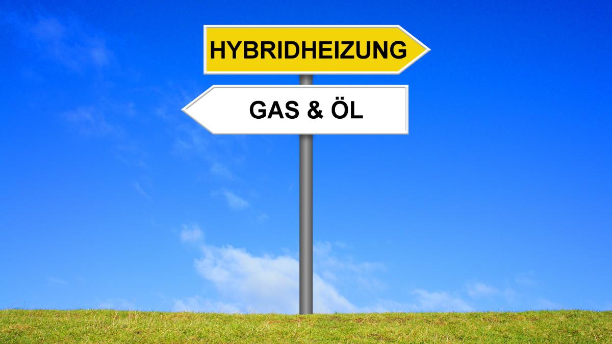 Auf zwei Schildern eines Straßenschildes steht Hybridheizung und Gas & Öl.