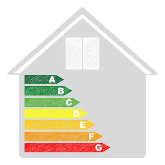 Illustration von einem Haus und den Energieeffizienzklassen A bis G